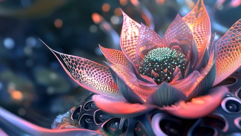 Glowing fractal lotus unfolds delicate metallic dream petals