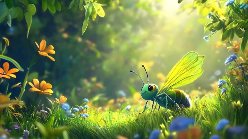 Gentle garden glow with a curious green firefly friend.