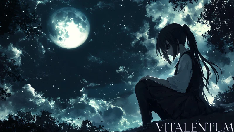 Lunar backlit anime silhouette under turbulent nocturnal sky.