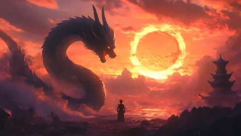 Colossal serpentine dragon confronts lone figure under fiery solar ring