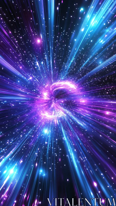 Starlit hyperspace vortex with neon trails in cosmic bloom.