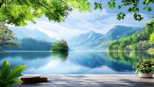 Mountain lake terrace with tranquil reflective water view.