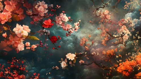 Dense flowering branches over dark atmospheric sky.