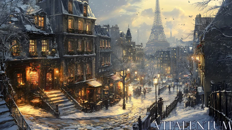Snowy Paris street glows with golden winter evening warmth