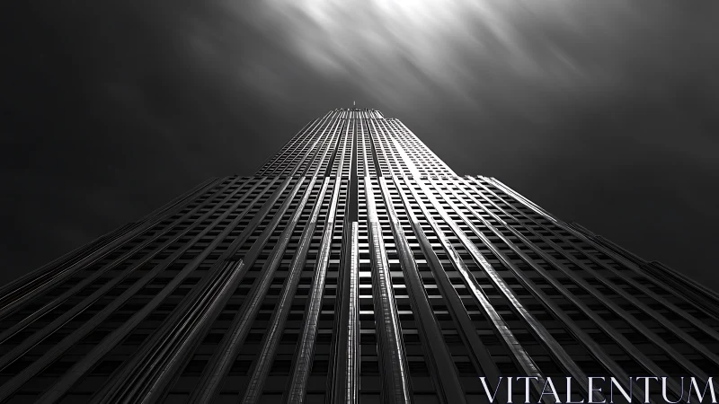 Monochrome upward view of tall geometric office tower.