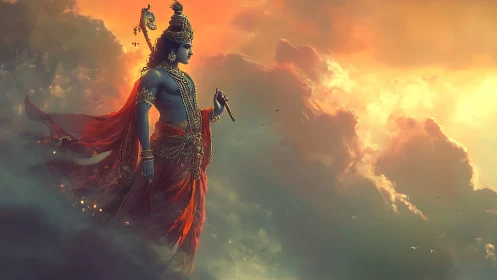 Divine warrior silhouette in glowing stormlit heavens.