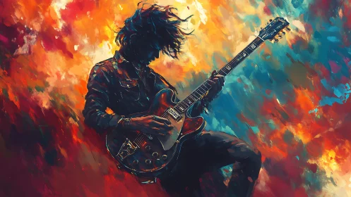 Silhouetted guitarist performs against vivid abstract backdrop
