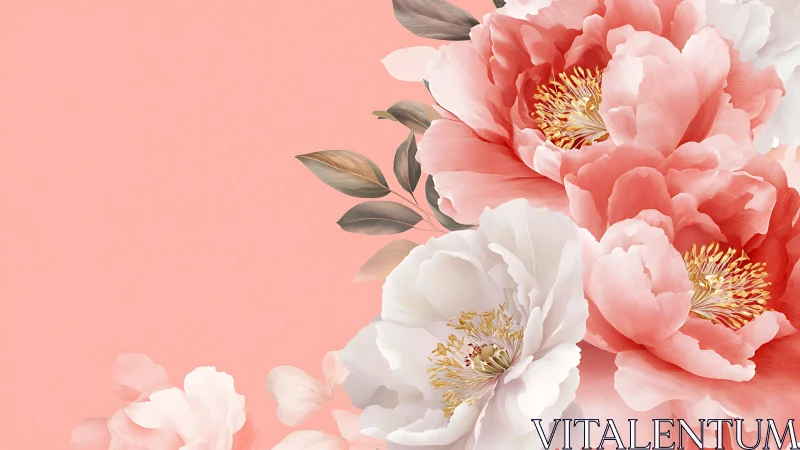 Pink and white peonies with golden stamens on coral background