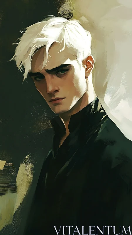 Storm-eyed silver-haired loner framed in painterly dusk.