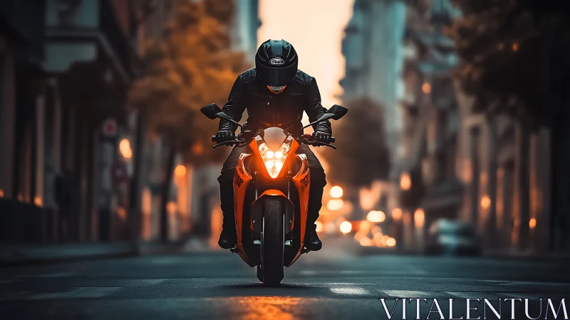 Motorcyclist rides sport bike through empty city street at dusk