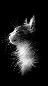 White graphite cat portrait rendered against black background with flowing fur texture.