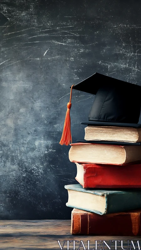 Graduation cap on stacked vintage books before chalkboard.