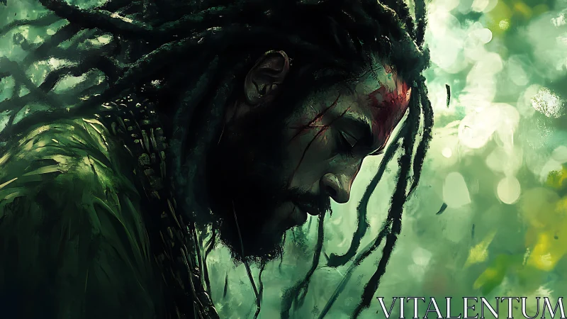 Contemplative warrior profile in luminous forest ambience.