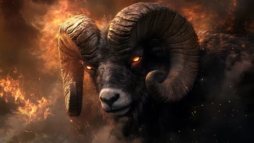 Infernal ram portrait with ember eyes in blazing firestorm
