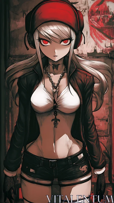 Neon-eyed street rebel in red headphones and leather