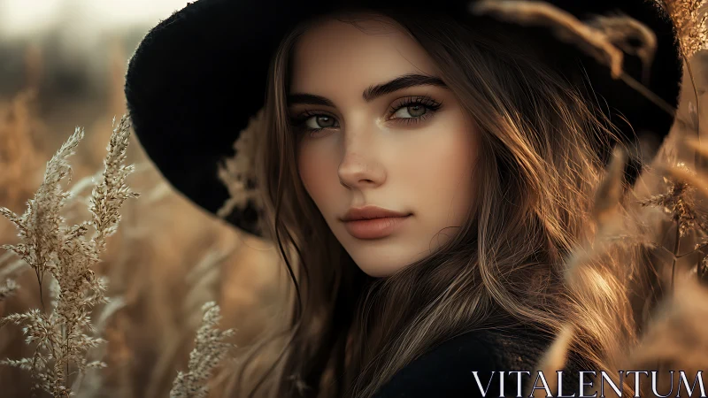 Autumn field portrait with soft golden bokeh and hat framing.