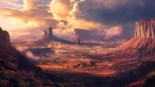 Sunlit desert canyon valley with towering sandstone mesas