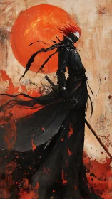 Samurai silhouette intersects blazing crimson solar disc