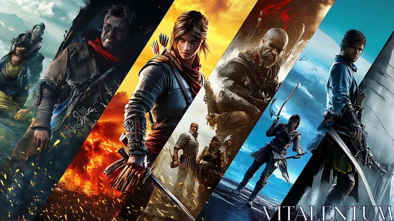 Heroic warriors stand across elemental fantasy landscapes