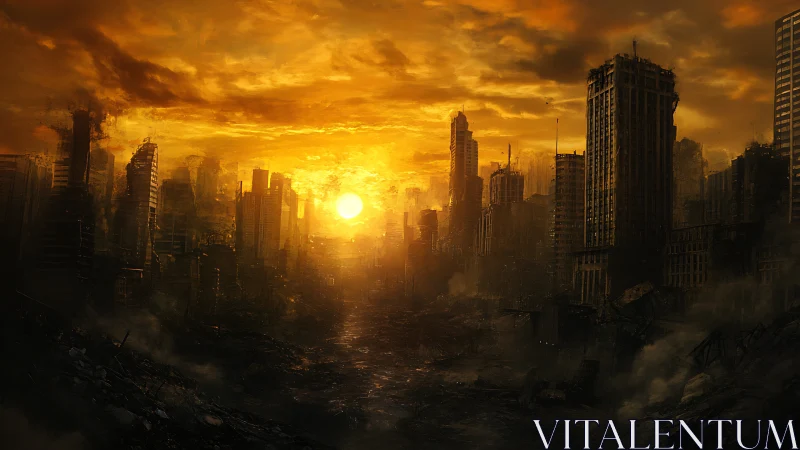 Ruined city skyline burns under dense apocalyptic sunset
