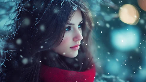 Winter portrait highlights soft light and crimson scarf.