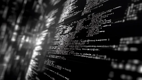 Scrolling code-streams tilt into a luminous digital tunnel