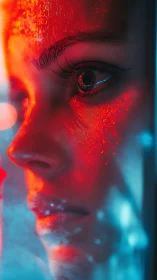 Neon-lit facial close-up explores chromatic contrast and texture