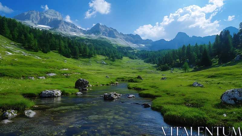 Alpine meadow stream flows beneath towering mountain peaks.