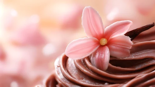 Pink Flower Atop Chocolate Frosting Confection.