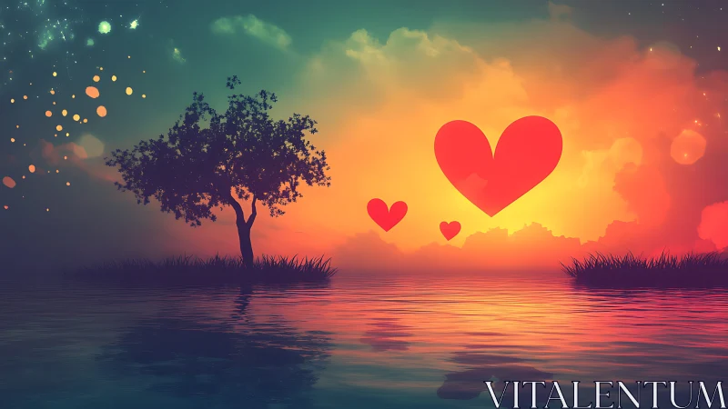 Romantic Sunset Hearts Over Water with Silhouetted Tree.