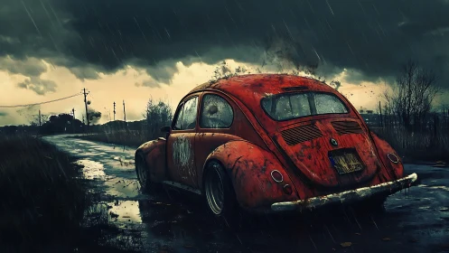 Rusty red Beetle on stormy rural road in heavy rain.
