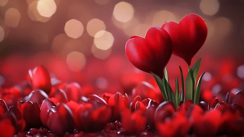 Red flowers shaped as hearts with bokeh background and depth of field