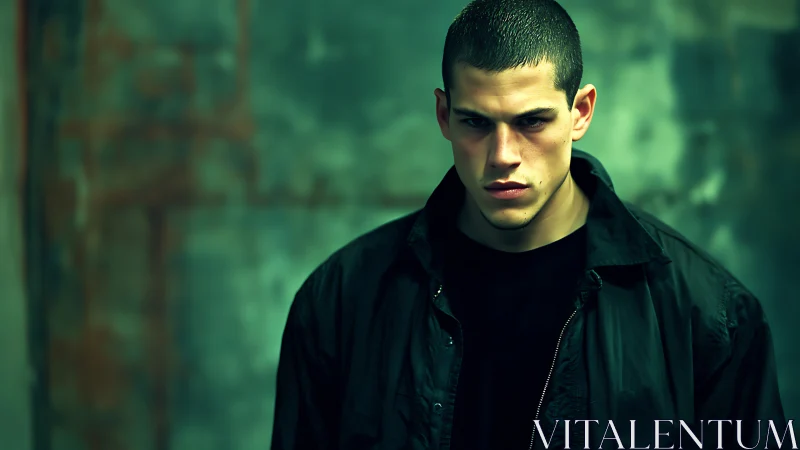 Moody young man stands against blurred green concrete wall