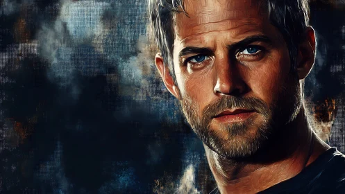 Storm-lit portrait of a blue-eyed man in quiet resolve.