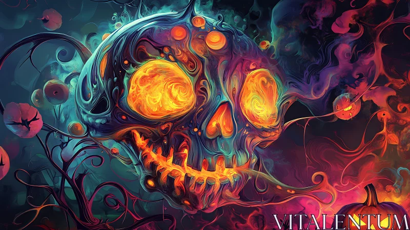 Neon inferno skull melts into swirling spectral smoke