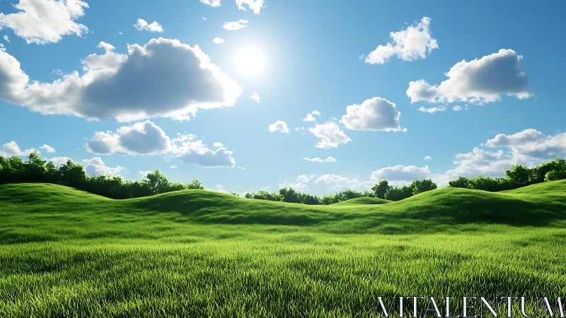 Sunlit emerald hills under wandering cotton clouds dreamily.