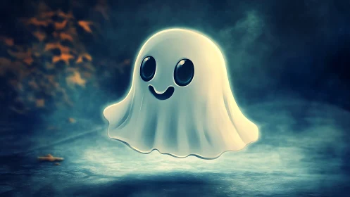 Cute stylized ghost character floats in moody misty light