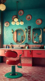 Retro 3D salon interior with teal walls and coral fixtures.