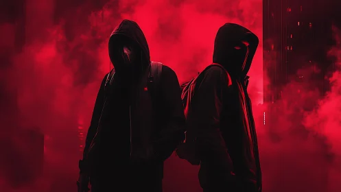 Two hooded figures stand in red fog against city buildings