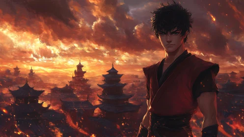 Martial figure above burning pagoda city at sunset sky.
