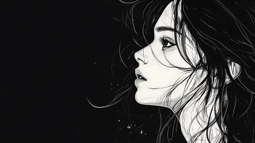 Monochrome side profile of woman with windblown hair.