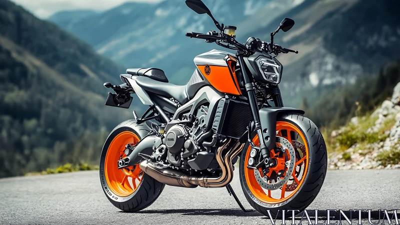Sport naked motorcycle stands on mountain road in daylight