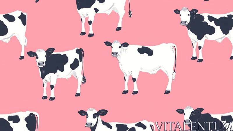Playful black and white cows stand against bright pink backdrop