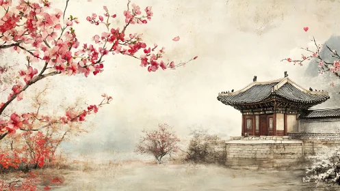Serene cherry blossoms frame a tranquil lakeside temple scene.