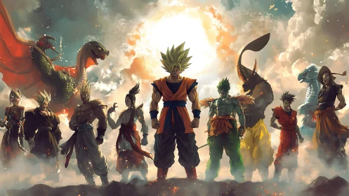 Stormlit anime warriors aligned before blazing sun portal.