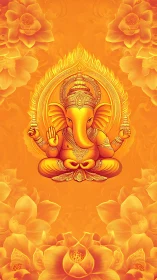 Golden Ganesha illustration sits centered amid lotus motifs