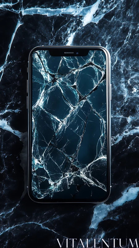 Shattered smartphone screen mirrored on dark marble surface.