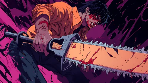 Dynamic anime action scene with bloodied chainsaw wielder.