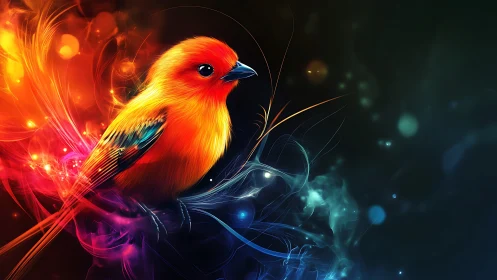 Vivid digital songbird amid swirling neon light plumes.