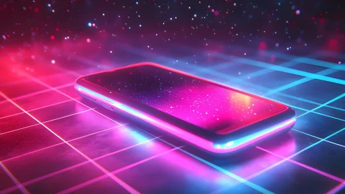 Futuristic smartphone on neon grid with glowing effects and cosmic style.
